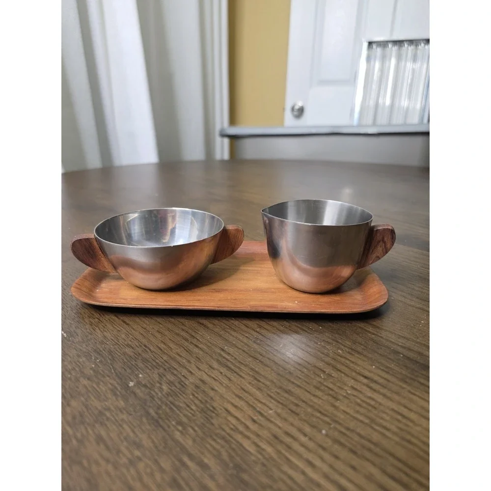 Vintage Brostrom Teakwood Tray Denmark Cream‎ And Sugar Set Stainless Steel E2